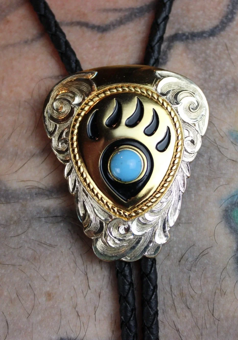 Vintage Brass Bear Paw Turquoise Bolo Tie – Leather Cord – Taiwan Western